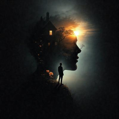 The primary subject of the image is a person, likely a woman, who is depicted as a silhouette. She is standing in front of a house, which serves as the setting and background of the scene. The visual style of the image is a combination of photo and digital art, creating a unique and artistic representation of the woman. The colors and mood of the image are predominantly dark, with the silhouette of the woman being the main focus, and the house and sky in the background providing a sense of depth